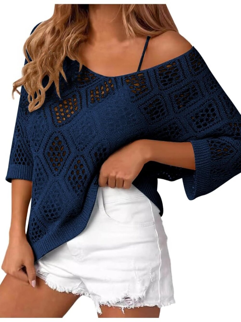 🆕Women's Royal Blue Sleeve Crochet Tops Summer V Neck Beach Cover Ups Casual